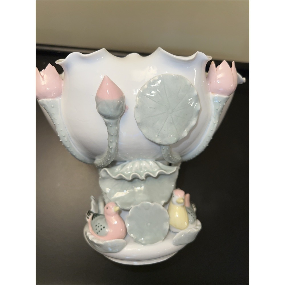 VtgPorcelain Lotus Sculpture Bowl Lily Ducks Planter Centerpiece Garden Decor 8"